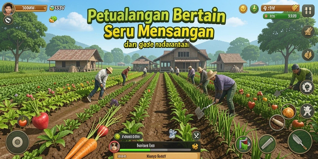 Gameplay 333V yang menampilkan suasana pertanian yang ceria.