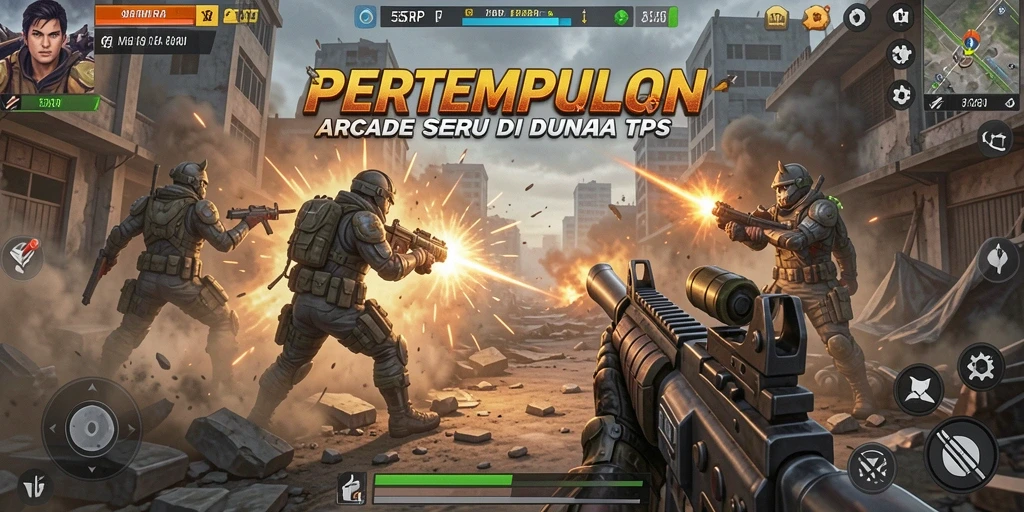 Screenshot gameplay 55RP yang menampilkan aksi tembak-menembak yang mendebarkan.