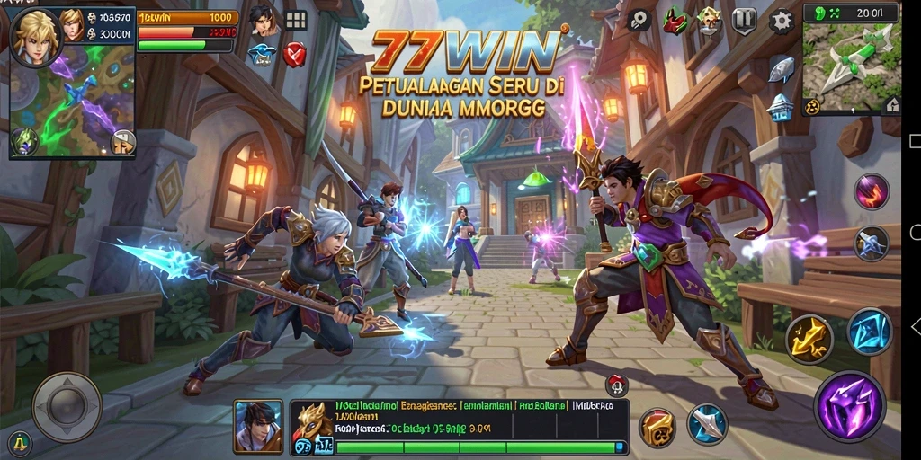 Screenshot gameplay 77WIN menunjukkan pertarungan epik dan dunia yang luas.