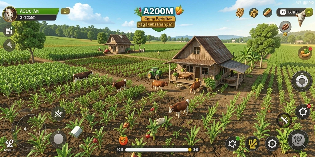 Screenshot A200M menunjukkan player mengelola ladang hijau yang subur.