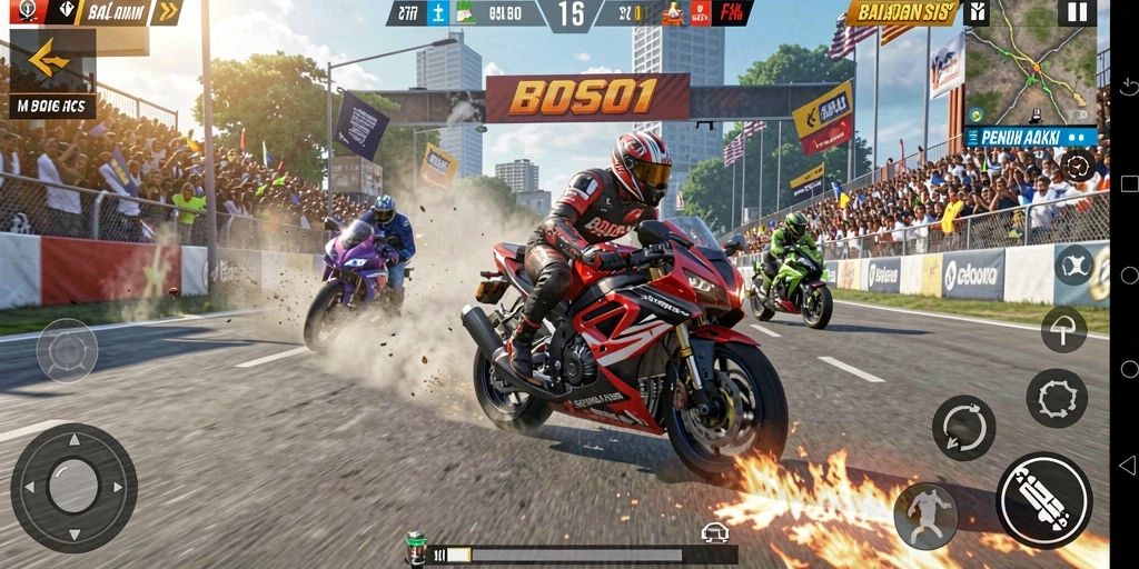 Tampilan aksi balapan motor yang seru dan menghibur.