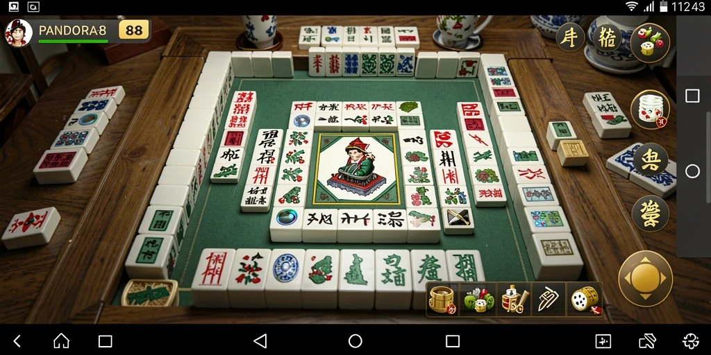 Tangkapan layar gameplay PANDORA88 dengan ubin Mahjong berwarna-warni.