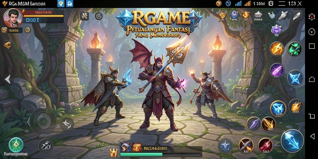 Screenshot RPGAME menampilkan pertempuran epik di dunia fantasi.